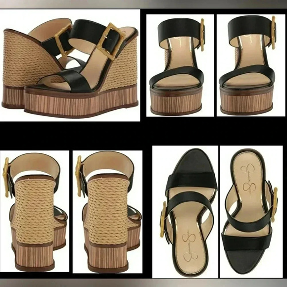 J S Wedge 10 Boho Chic Black Slip-On Platform Leather Sandals - Picture 1 of 5